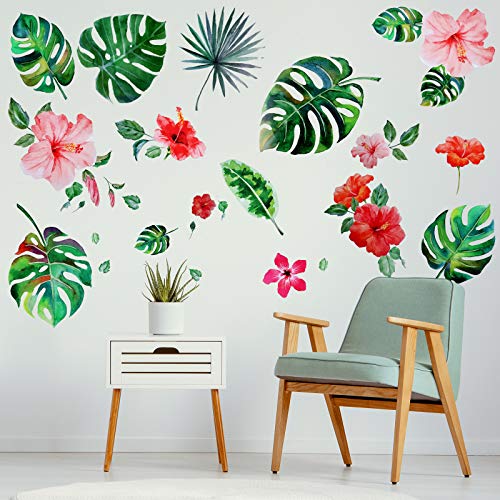 66 Pieces Large Palm Leaves Wall Decals Tropical Hibiscus Flower Peel Removable Stickers Green Plants Fresh Leaves Stickers For Kids Baby Diy Bedroom Living Room Office Bathroom Wall Corner #TOP2