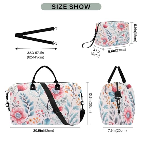 Large Travel Duffel Bag, Handdrawn Floral Sports Tote Gym Bag, Shoulder Weekender Overnight Bag for Women Men, Carry On Luggage with Toiletry Bags3