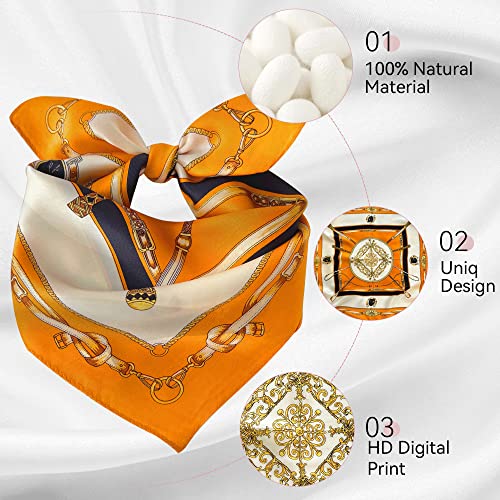 Mokoomiss 100% Pure Mulberry Silk Square Scarf For Hair-21''X21''- Women Men Natural Silk Neckerchief Digital Printed Headscarf 11A, 11A Brush Orange #TOP2