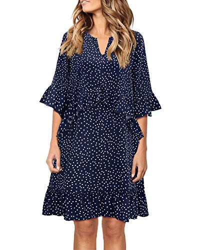 STYLEWORD Womenâs Summer Dress V Neck Polka Dot Ruffle Sundress Casual Loose Swing with Pocketï¼Navy-XL