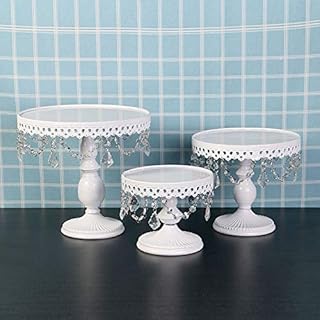 Antique Cake Stands with Crystals Hanging Bead, Round Metal Plate Holder for Dessert Cupcake|Ideal for Wedding Birthday Party Cakes Pedestal Display Stand (Gold, 3 Different Sizes Set)