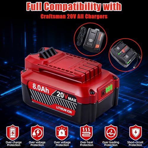 Image of SANIU 20V 8.0Ah Replacement for Craftsman 20V Battery V20 Lithium ion Batteries Compatible with CMCB205 CMCB204 CMCB206 CMCB202 CMCB201 20V Cordless Power Tools (8.0AH, 2 Piece)