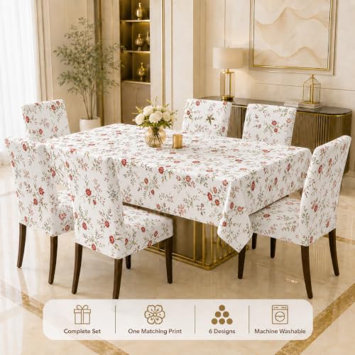 Image of Cloth Fusion Dining Table Cover with 6 Chair Covers, 6 Seater Table Cloth | Table cover and every chair cover in one matching print; 4-way stretch chair covers; 6 designs; washable, not PVC