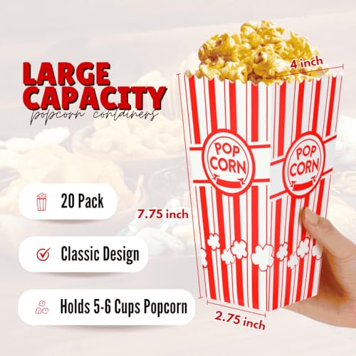 zeego0 20-pack popcorn boxes sturdy and durable popcorn bucket 775in tall large capacity popcorn containers cups amp bowls convenient movie night supplies perfect for families parties carnivals