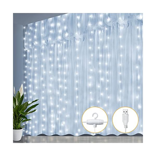 Ollny curtain lights for bedroom - 200led 6. 6x6. 6ft fairy lights curtain with 8 modes timer remote, usb power, waterproof hanging string lights for backdrop wedding party wall decorations