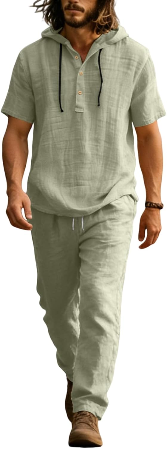 Mens 2 Piece Linen Set Summer Beach Short Sleeve Button Down Hooded Shirt Long Pant Vacation Casual Outfit