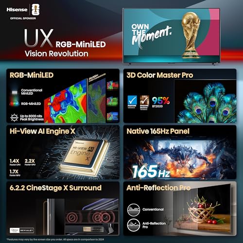 Hisense 116-Inch Class Premium UX Series RGB-MiniLED 4K UHD HDR Google Smart TV(116UX, 2025) - RGB Backlight MiniLED, Up to 8000 nits, 3D Color Master Pro, Native 165Hz Panel, 6.2.2 CineStage X - Image 3