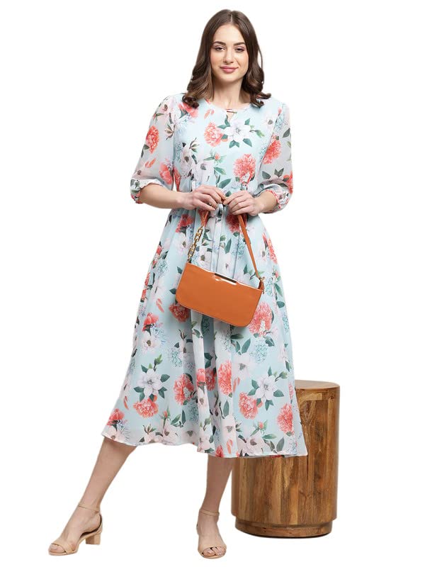Preneum Women's Georgette A-Line Standard Length Dress (Pr-Maxi-N-03_Aqua Blue_L)