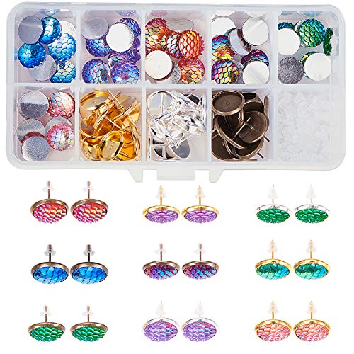 Sunnyclue 1 Box Diy 24 Pairs Mermaid Scales Skin Earrings Making Kit 6 Color 48Pcs Round Mermaid Scales Skin Resin Cabochons 12Mm And 3 Color 48Pcs Brass Stud Bezel Settings Instruction #TOP7