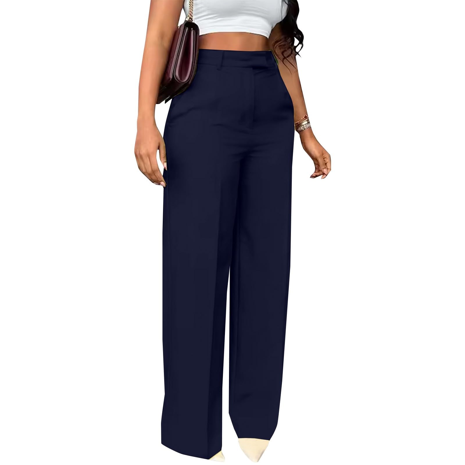 Pantaloni da donna a vita alta, da donna, a gamba larga, in tessuto, comodi, eleganti, casual, a vita alta, con tasche, casual, alla moda, da lavoro, da lavoro