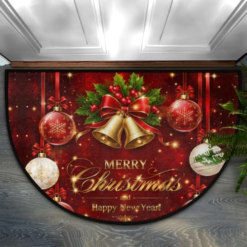 Image of Half Round Doormat Washable Kitchen Semi Circle Rug xmas Bell Holly ball