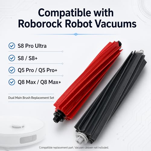Image of 4 set Replacement Main Brushes Compatible with Roborock S8 Pro Ultra,S8,S8+,Q8 Max,Q8 Max+,Q5 Pro,Q5 Pro+,Q5 Max+,4 Sets Dual Rubber Roller Brush Parts,Anti-Tangle Sweepers for Pet Hair & Hard Floor