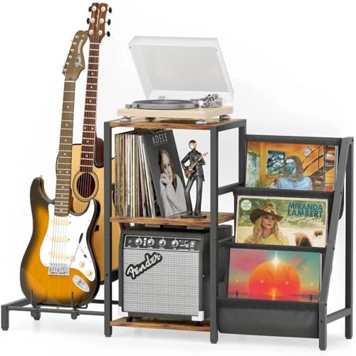 Vinyl Record Storage, Record Player Stand, Guitar Stand for Acoustic, Electric Guitar, Acoustic, Bass with Guitar Amp Stand, 3-Tier Vinyl Record Storage, Record Player Table for Record Player, Speaker, Amplifier