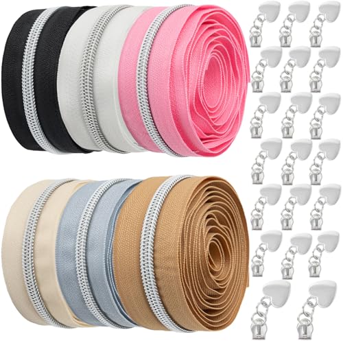 VOKABY 12m #5 Endlosreißverschluss mit Zipper,6 Farben Reißverschluss 6mm,2 m pro Farbe,mit 20 Metall-Reißverschlussanhängern (Silber)