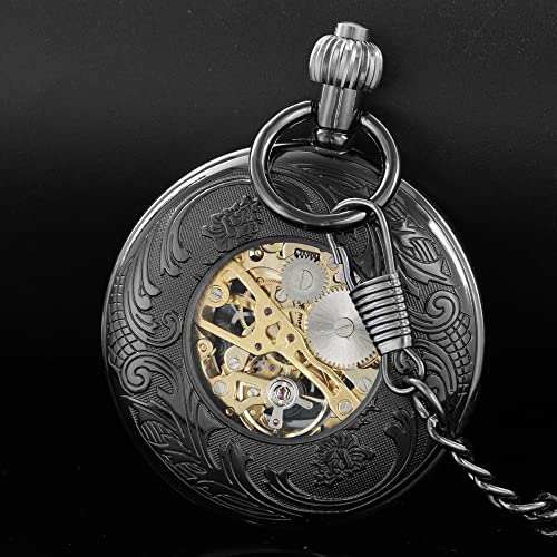 Image of Steampunk Roman Case Design Mechanical Pocket Watch with Chains & Boxs for Best Gifts(Black)