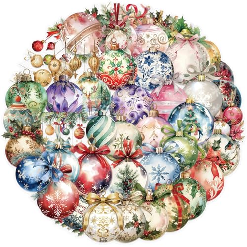 50Pcs Transparent Christmas Ball Stickers for Scrapbooking PET Christmas Ornament Sticker Colorful Xmas Ball Sticker for Journaling Scrapbooking Clear Flowers Decals (Ball)