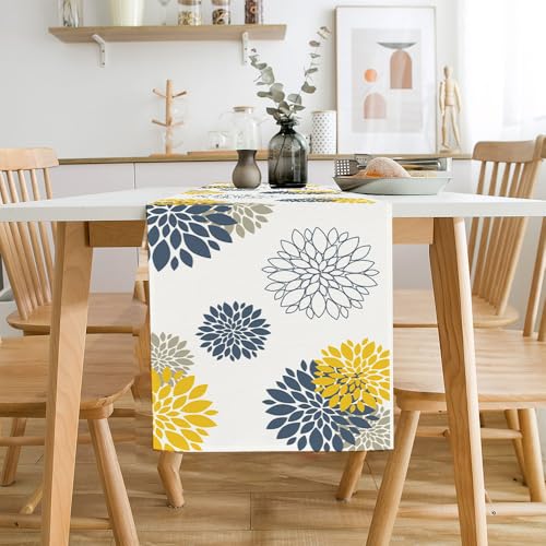 WHOMEAF Blue Yellow Gray Table Runner Dahlia Pinnata Flower Beige Table Runners Modern Elegant Pompon Farmhouse Geometric Coffee Table Center Decor for Home Kitchen Dining Party 13 x 72 Inch by WHOMEAF - Image 6
