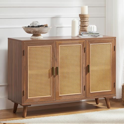 ULALA HOME - Armario de almacenamiento con 3 puertas de ratán natural y patas de madera, aparador de 2 niveles, armario de buffet, mesa consola bohemia para sala de estar, entrada, comedor, pasillo,