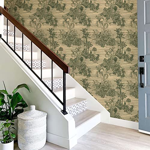 Jiffdiff Tropical Peel And Stick Wallpaper Forest Sketch Vintage Vinyl Wall Paper For Bedroom Cabinet, Removable Trees Nature Wallpaper Green Self-Adhesive Wall Decor 17.3"X393.7" #TOP5