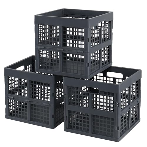 Fosly 18 L Square Folding Plastic Crates, 3 Pack Collapsible Stackable Storage Crates