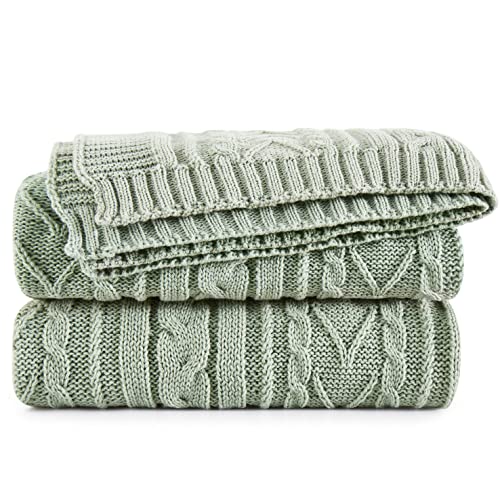 Aormenzy Sage Green Cable Knit Throw Blankets for Couch Bed