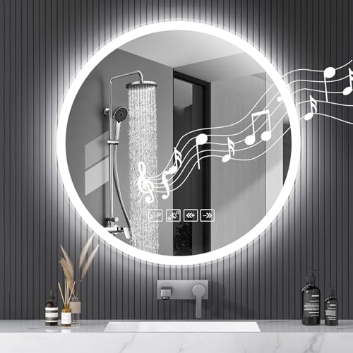 Viugreum Espejo Baño con Luz LED Regulable en 3 Colores Bluetooth, Ronda 60 * 60cm Luz de Baño Espejo de Pared con Interruptor Táctil, Anti-vaho, Función de Memoria Espejos Inteligente Retroiluminado