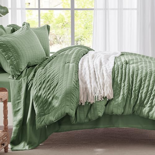 Image of Zzlpp Queen Comforter Set 7 pieces, Sage Green Seersucker Bed in a Bag with Comforter and Sheets, All Season Bedding Sets with 1 Comforter, 2 Pillow Shams, 2 Pillowcases, 1 Flat Sheet, 1 Fitted Sheet