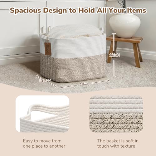 Image of Goodpick 50L Large Woven Rope Storage Basket, Rectangle, Light Brown | 18 inch x 14 inch x 12 inch Stylish Gift Baskets for Living Room & Bedroom Organization, Cotton Rope Basket for Blanket & Toy Storage