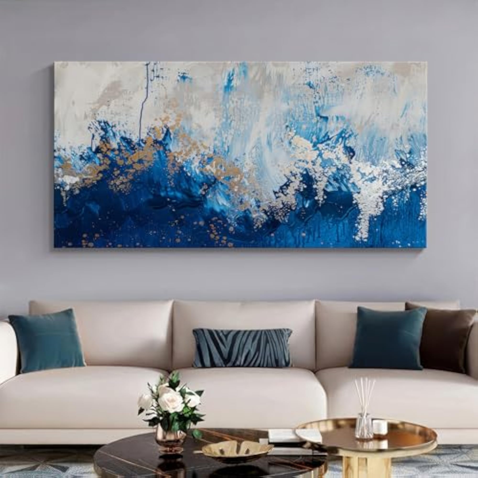 Abstract Blue and Gold Waves Canvas Painting, Framed Art