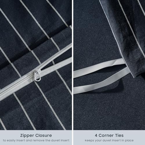 Image of Wake In Cloud - Striped Cotton Duvet Cover Set, Ticking Stripe Vertical Pinstripe Farmhouse, 100% Washed Cotton Textured Bedding Set, 3 Pieces, Navy Blue, King Size