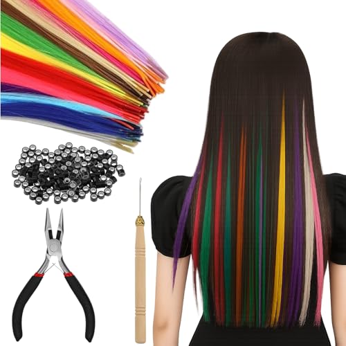 Hair Tinsel, 50 Pièces Meches Cheveux, Plume Cheveux avec 150 Perles et Crochet Kit D'Extensions Fille Femmes pour Party Festival Cosplay