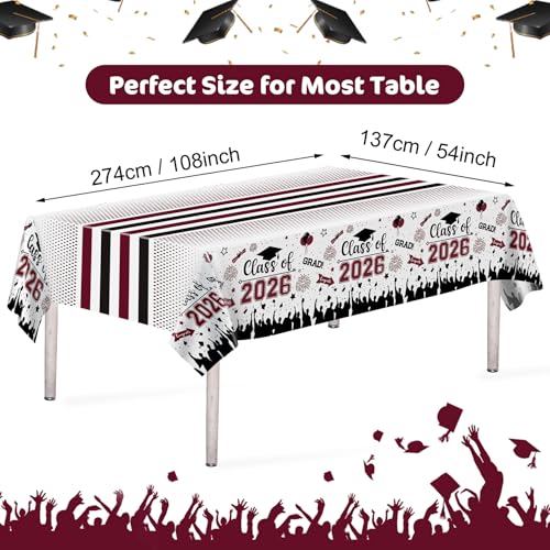 Image of Graduation Decorations Class of 2026 Tablecloth - 3 Pcs Plastic Congrats Grad Table Cloth, Graduations Table Cover for Graduation Party Decorations 2026 and Party Supplies, 54 inchx108 inch (Maroon and Black)