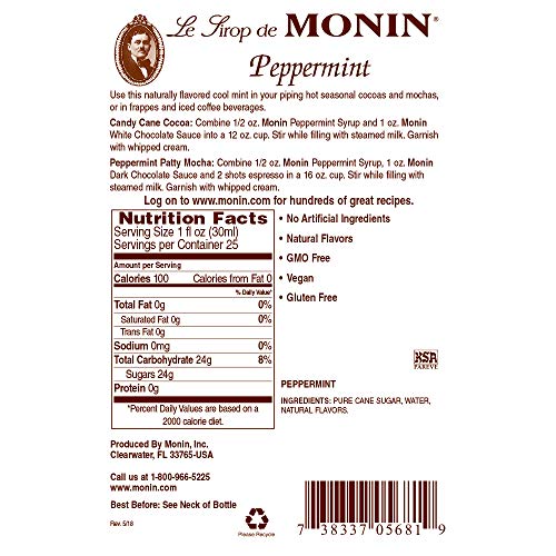 Monin - Peppermint Syrup, Cool Mint Flavored Syrup, Coffee Syrup, Natural Flavor Drink Mix, Simple Syrup For Cocoas, Mochas, Smoothies, Sodas, & More, Gluten-Free, Non-Gmo, Clean Label (750 Ml) #TOP7