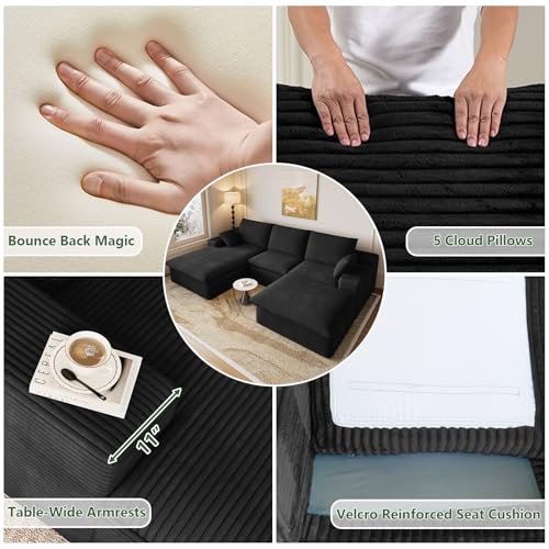 Image of 107 inch Cloud Couch Modular Sectional Sofa for Living Room, U-Shape Boneless Couch with Deep Seat, Modern Corduroy 3-Seater with Ottoman, No Assembly Required (Jet Black,Left-Facing Chaise)