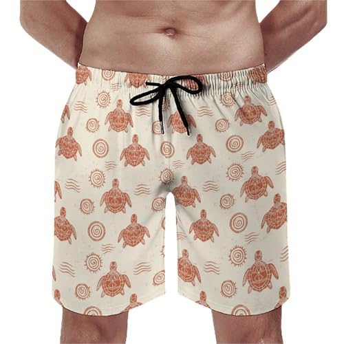 Hawaiian Shorts for Men - Comfy Vintage Turtle Print Mens Swim Trunks Bathing Suits with Mesh Lining