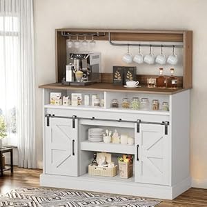 YITAHOME Buffet Cabinets with Storage, 47″ Coffee Bar with Goblet Holder & Power Outlet, Farmhouse Sideboard Cabinets with Sliding Barn Doors for Kitchen, Living Room (White)