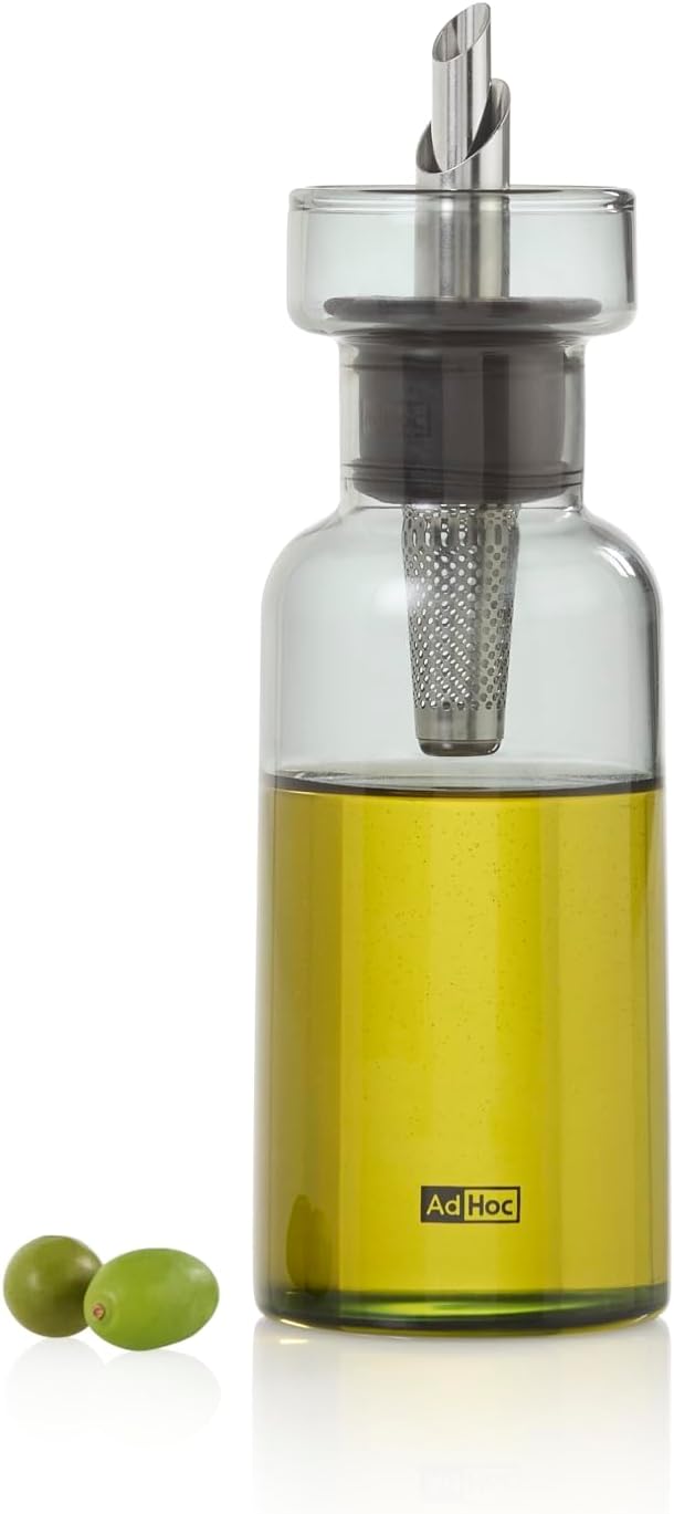AdHoc AromaPour Oil & Vinegar Dispenser – Reusable, No-Drip Glass Container with Stainless Steel Filter – Dishwasher Safe – 4 oz