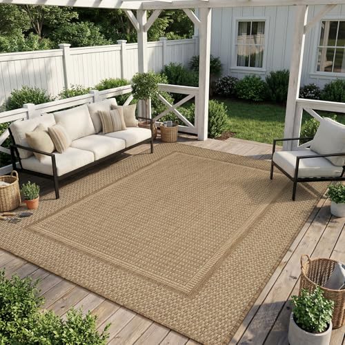MontVoo-Outdoor Rug-Patio Rug 5x7 ft Polypropylene Indoor Outdoor Rugs Outdoor Carpet for Patio Deck Balcony Porch, Textured Weave, Durable for High Traffic, Fade-Resistant, Modern Neutral B