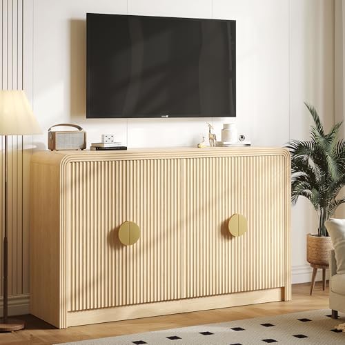 Decofy 55\" Buffet Sideboard Cabinet, Mid Century Modern Console Cabinet with Wavy Grain Doors & Adjustable Shelves for Kitchen Cabinets, Living Room, Entryway, Coffee Bar Cabinet (Natural Oak) - Thumbnail 7