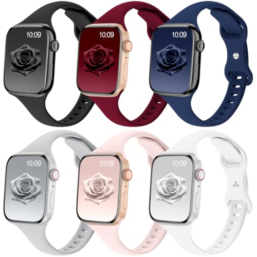Image of 6 Pack Thin Slim Soft Silicone Bands Compatible with Apple Watch Women Men | 38mm 40mm 41mm 42mm 44mm 45mm 46mm 49mm, Waterproof Lightweight Strap for iWatch Series 11 /10 /9 /8 /7 /6 /5 /4 /3 /2 /1 SE Ultra
