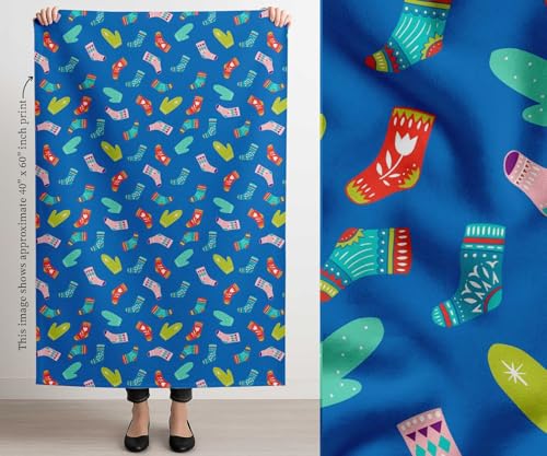 Image of Soimoi Blue Cotton Canvas Fabric Socks & Gloves Folk Art Printed Craft Fabric by the Meter 56 Inch Wide