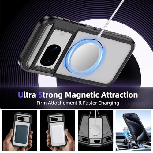 YANJIEER ESONG Magnetic Case for Google Pixel 8A,Compatible with MagSafe,Military Grade Shockproof Hard PC Rugged Bumper Protective Phone Cover with 1 Tempered Glass Screen Protectors,Black+Clear - Image 2