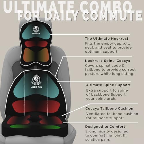 Image of Memory Foam Car Seat Cushion Combo - Backrest, Coccyx Cushion & Neckrest - Orthopedic Support for Back, Tailbone, Sciatica & Neck Pain - Ergonomic Comfort for Car, Office. (Black, Spine Support)