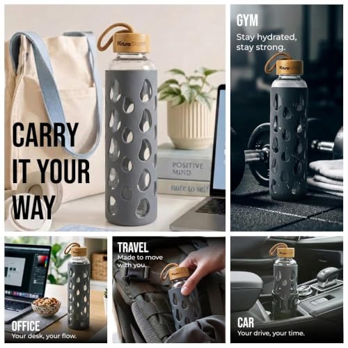 Image of Borosilicate Glass Water Bottle 500 ml | Leakproof Bamboo Lid & Silicone Sleeve | BPA Free Reusable Drinking Bottle for Office, Gym, Travel & Daily Use