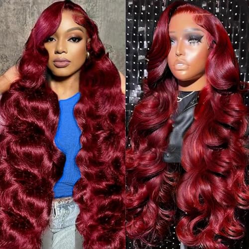 Image of 30 Inch 99j Burgundy Lace Front Wigs Human Hair 13x4 HD Transparent Wine Red Burgundy Body Wave Human Hair Lace Front Wigs for Women 180 Density Pre Plcked Human Hair Lace Frontal Wig with Baby Hair