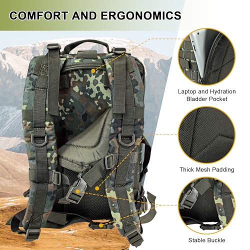Image of Hannibal Tactical MOLLE Assault Backpack, Tactical Backpack Military Army Camping Rucksack, 3-Day Pack Trip w /USA Flag Patch, D-Rings, Flecktarn