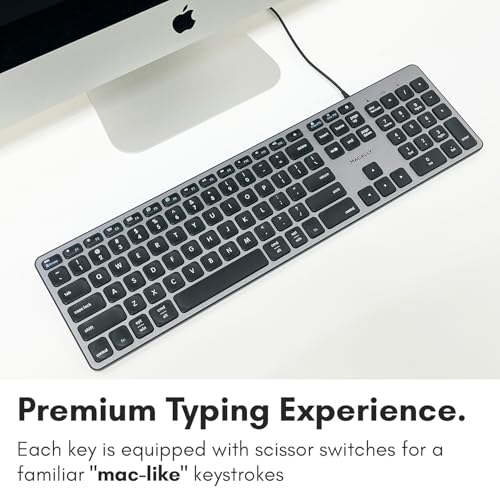 Macally Premium Wired USB C Keyboard with USB Ports (2X USB-A |1x USB-C Ports) - Wired Keyboard for Mac Mini/Pro, iMac, MacBook, iPad, and PC - Full Size Type C Connection