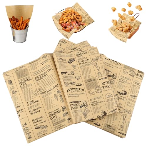 100 Blätter Backpapier Zeitungsoptik, Backpapier Zuschnitte 28 X 38 cm，Butterbrotpapier, Burger Papier, Käsepapier, Ölbeständiges Sicheres Deli Wrap Papier für Sandwiches, Pommes, Kuchen, Brot