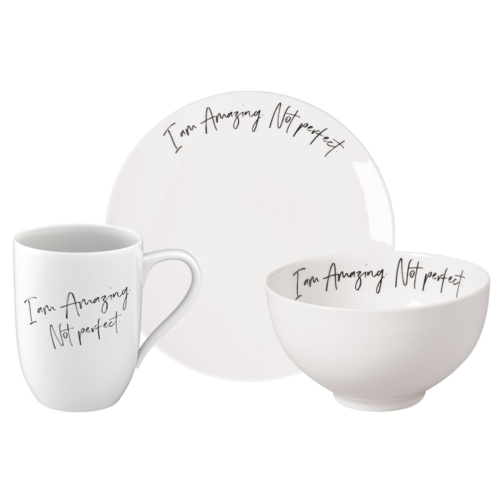 Villeroy & Boch Statement Frühstücks-Set 3-teilig | Amazing, not perfect | Geschirr-Set für 1 Person: Henkelbecher (290 ml), Frühstücksteller (21 cm) und Müslischale (14 cm) | Premium Porzellan | Weiß