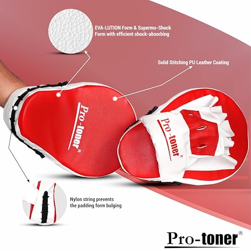 Image of Pro-Toner Boxing Focus Pads, Curved Maya Hide Leather, Hook and Jab Target Hand Pads, Black and White (Red)